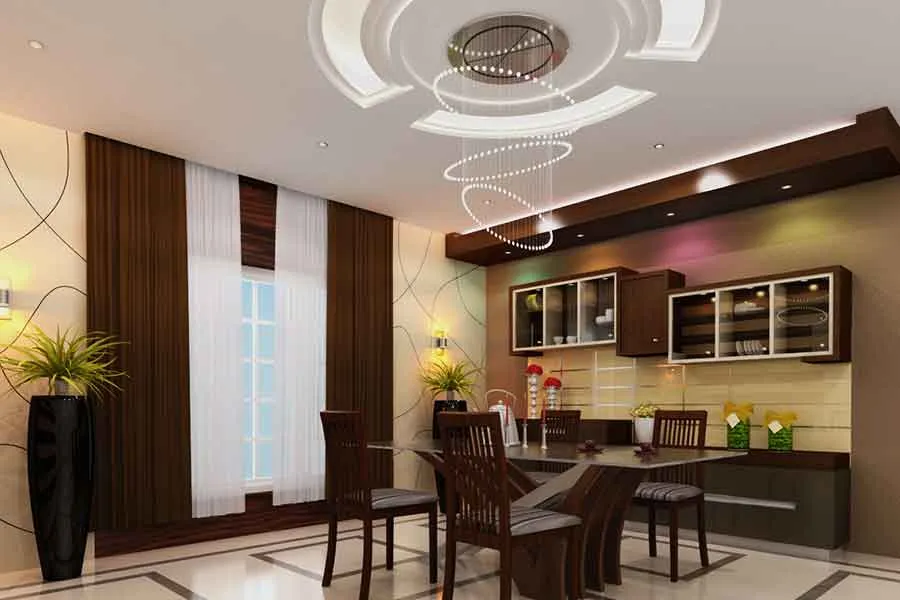 Dining Room with Spiral Chandelier & Crockery Unit