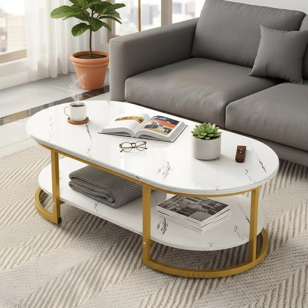 RIZIK Stores® Coffee Table – Modern 2-Tier Center Table with Engineered Wooden Top & Metal Frame