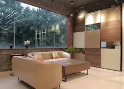 Modern Living Room Set with Tan Leather Sofa & Wooden Wall Storage Unit