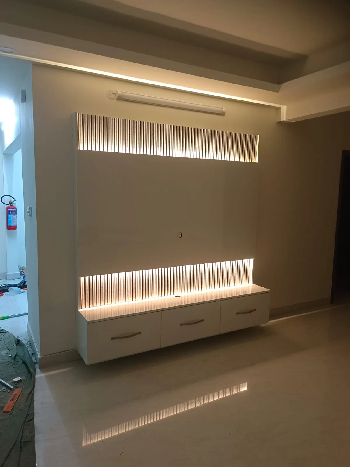 Modern Tri-Tone Master Wardrobe High-Gloss Finish with Integrated LED Vanity Station and Loft Storage | Interior Interior Design by Desk & Decor