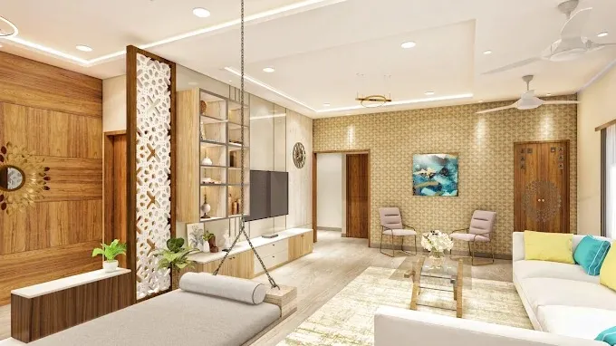 Living Room with Jaali Partition & Hanging Swing