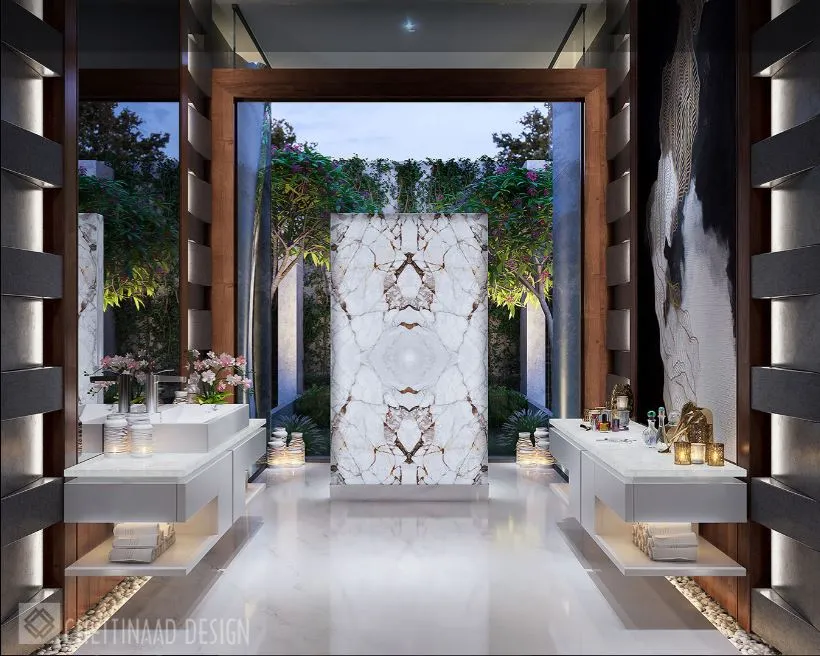 Luxury Powder Room with Marble Feature Panel & Garden View