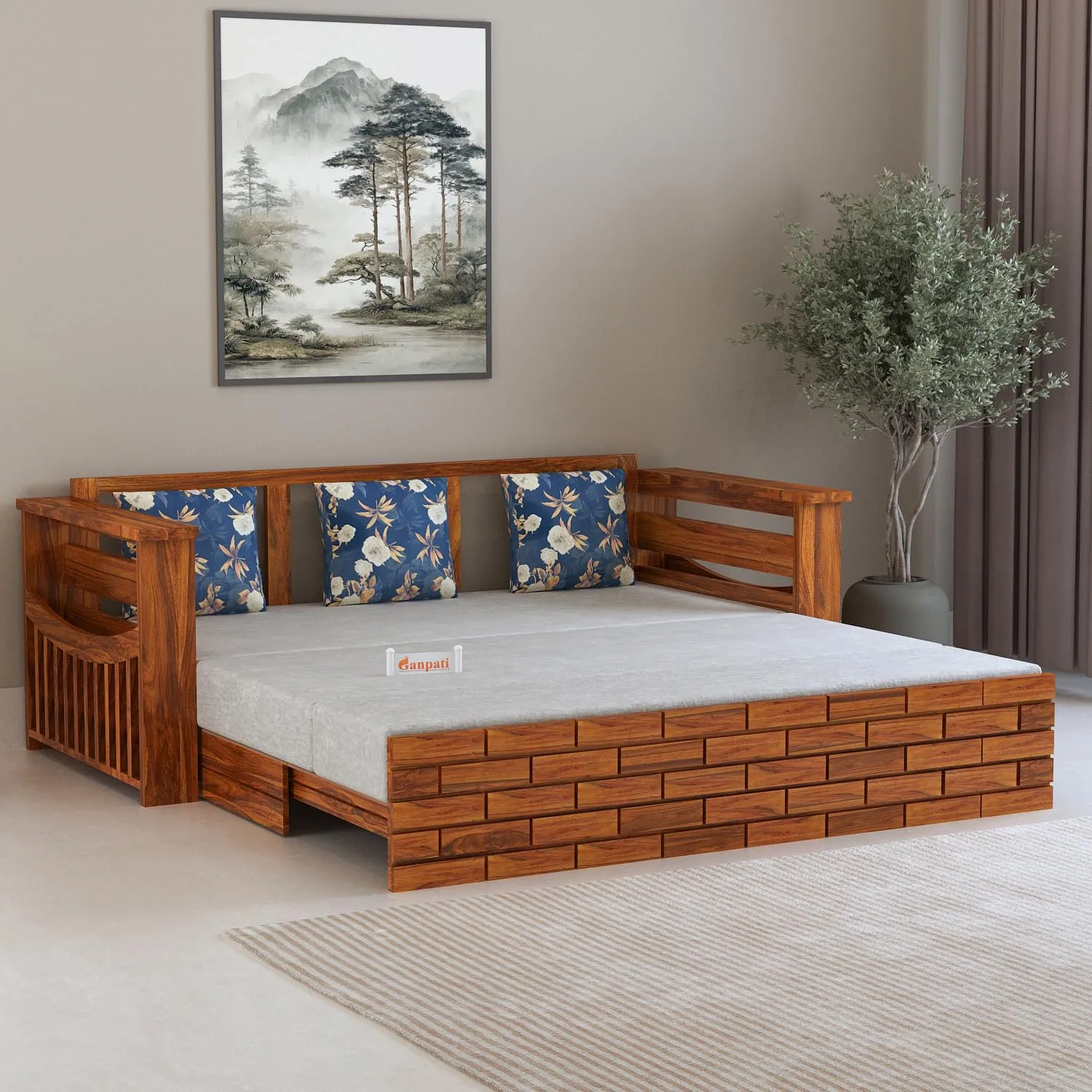Sheesham Wood 3 Seater Sofa Cum Bed for Bedroom 1 Year Warranty