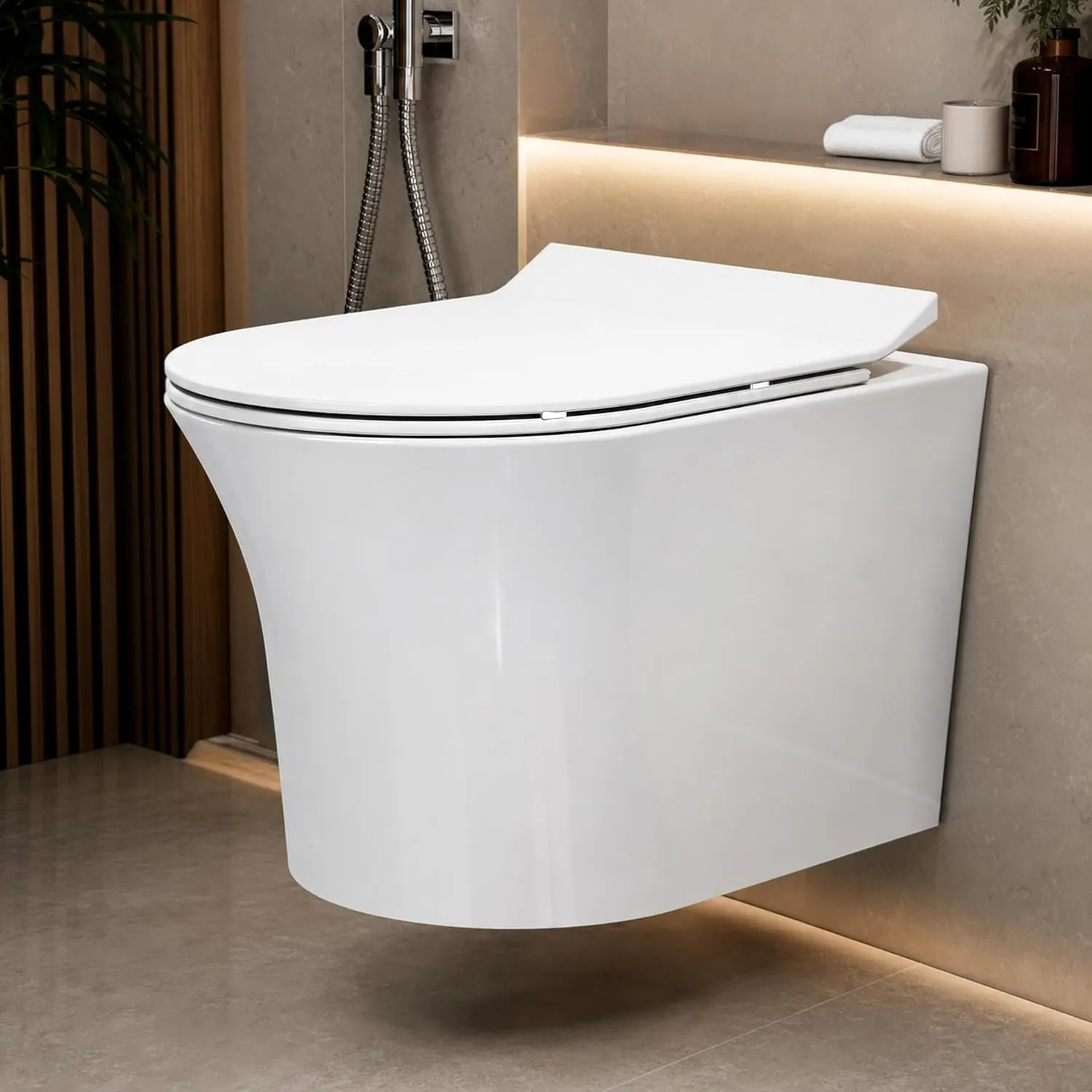 Platinum Ceramic Rimless Wall Mounted Commode/P Trap Washdown Flush Commode with Soft Close Toilet Seat Cover