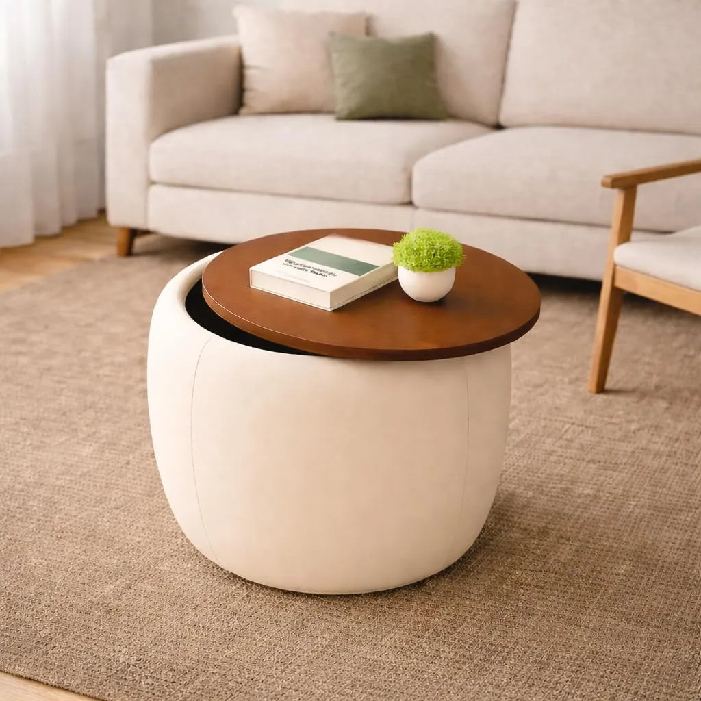 Elegent Round Coffee Table with Wooden Top, Storage Ottoman Tables for Living Room