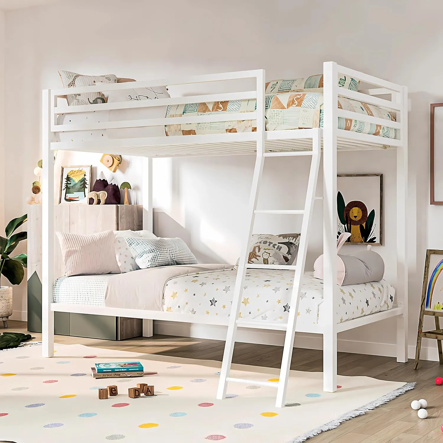Bunk Bed Twin Over Twin Size With Ladder, Metal Bed Frame With Sturdy Guardrail