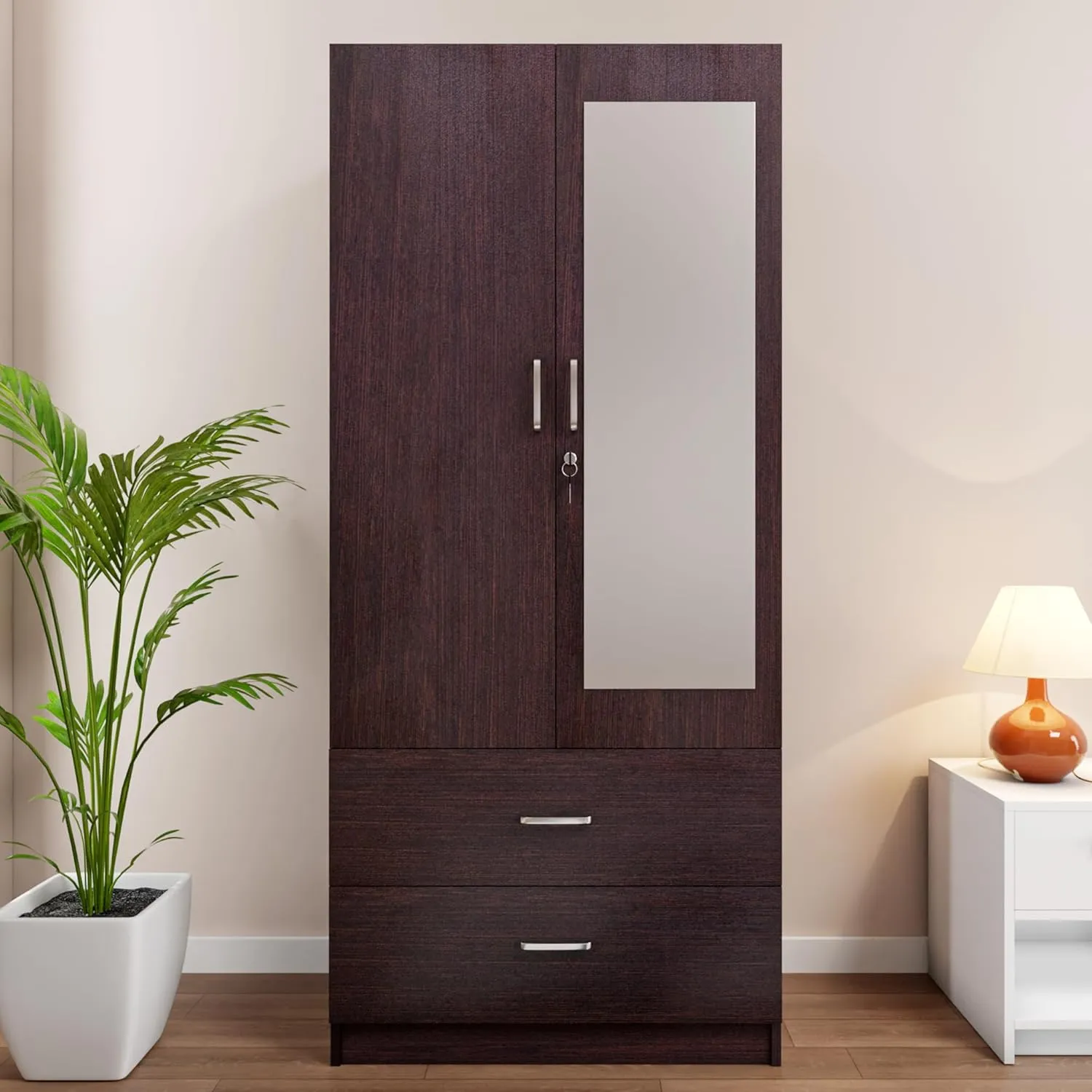 VIKI Wardrobe | Albarracin Wardrobe | Wooden Almirah for 2 Door Wardrobe with 2 Drawer & Hanging Space with Mirror (Dark Wenge - 40D x 80W x 180.8H) | 1 Year Warranty | Free Assembly